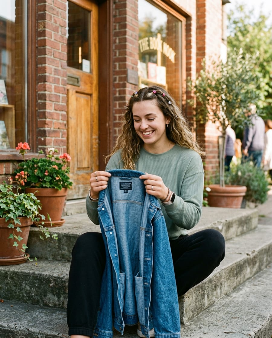 A young woman on brick steps holding a denim jacket up to read its inside label