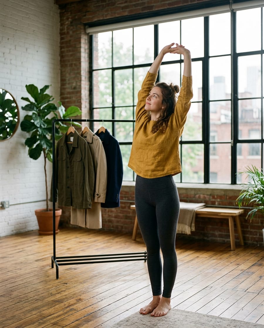 A young woman stretching in a bright loft beside a rail holding three jackets