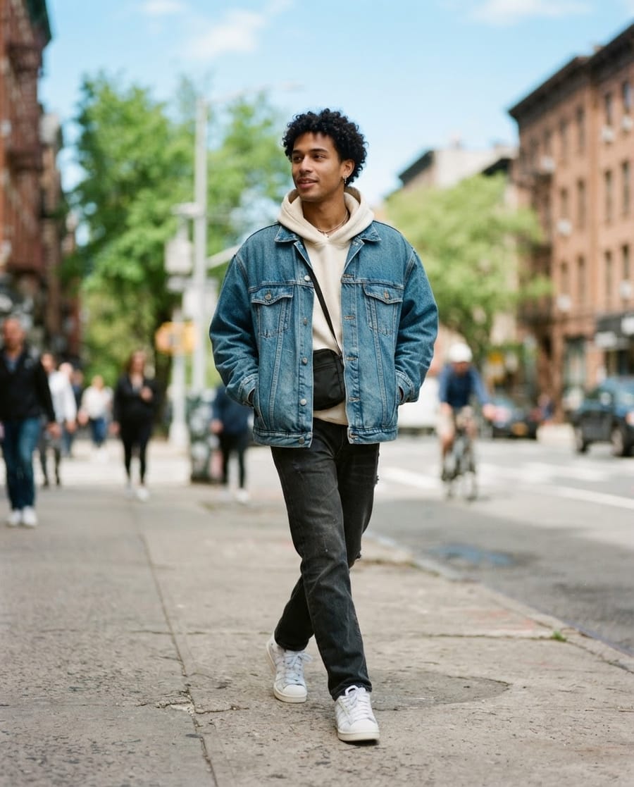 A young man in an oversized denim jacket and cream hoodie walking down a city street