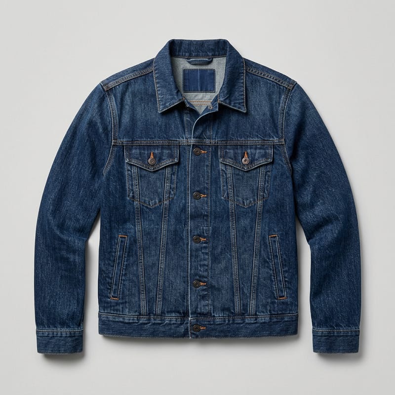 An indigo denim trucker jacket laid flat