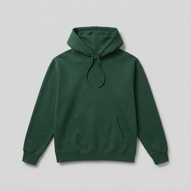 A forest-green pullover hoodie laid flat