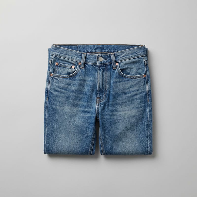 Mid-wash denim shorts laid flat