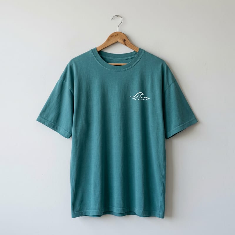 A teal oversized t-shirt with a small wave print on a hanger