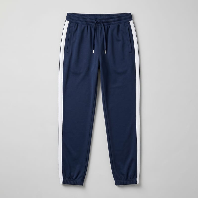 Navy track pants with a white side stripe