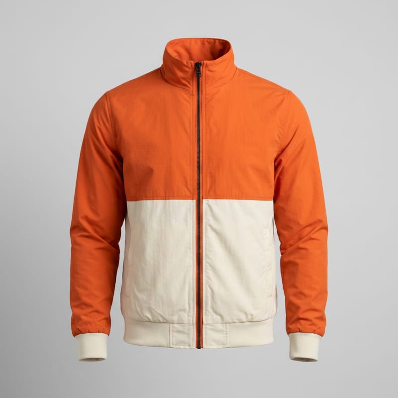 An orange and cream windbreaker jacket